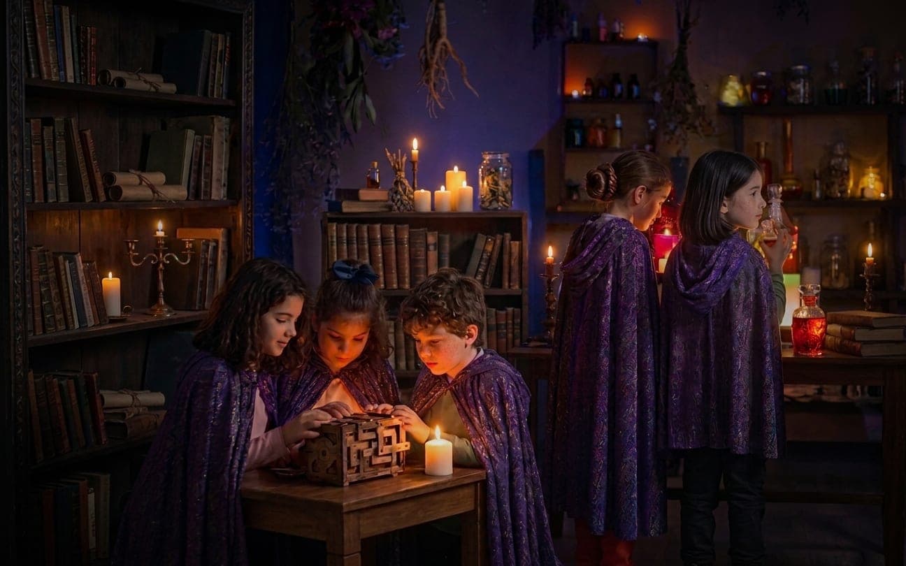 Children in wizard cloaks working out a puzzle box by candlelight.